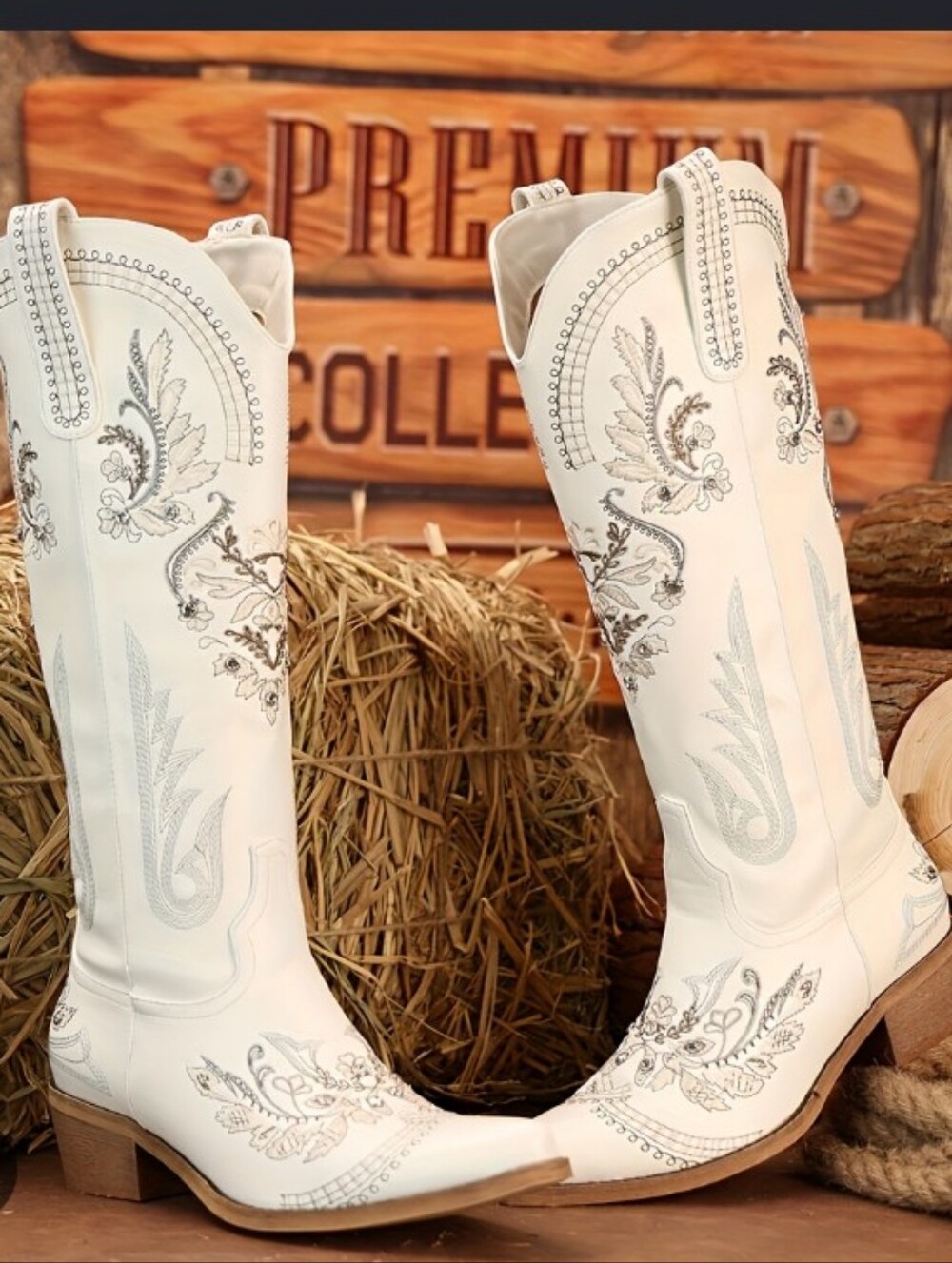 TuroM White Embroidered Wide Calf Western Cowgirl Boots